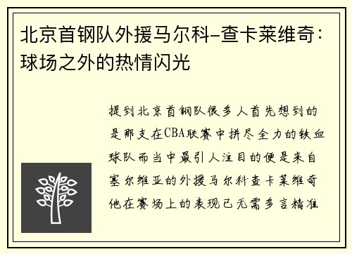 北京首钢队外援马尔科-查卡莱维奇：球场之外的热情闪光