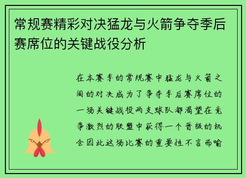 常规赛精彩对决猛龙与火箭争夺季后赛席位的关键战役分析